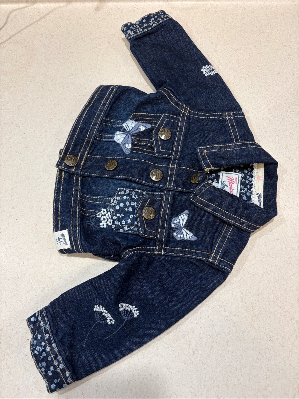 0-3 month Dark Blue Denim Jacket with Butterfly Embroidery - Mantaray